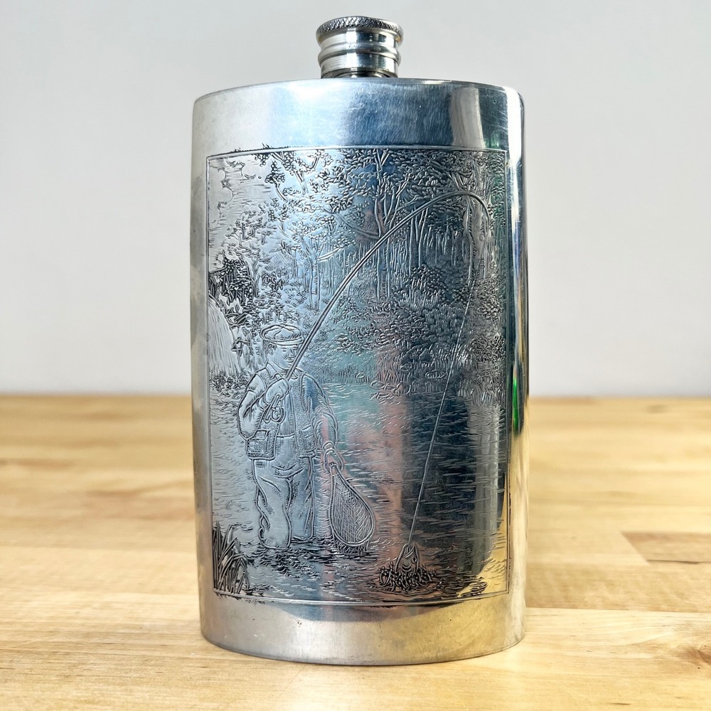 Orvis Hip Flask Fly Fishing Scene 8oz Silver Tone Sheffield England Vintage
